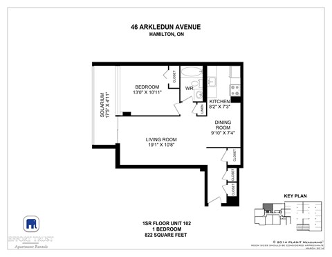 A floor plan for a 1 bedroom apartment at 46 Arkledun Avenue, Hamilton, Ontario.